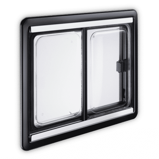 BAIE S4 COULISSANTE DOMETIC de Captivan, baie coulissante en acrylique pour fourgon aménagé, cadre extérieur noir, intérieur blanc crème.